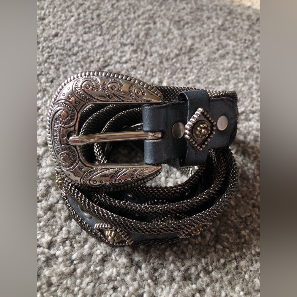 Vintage USMECO Paris Genuine Leather Mesh Riveted Western Belt Black Size 36”